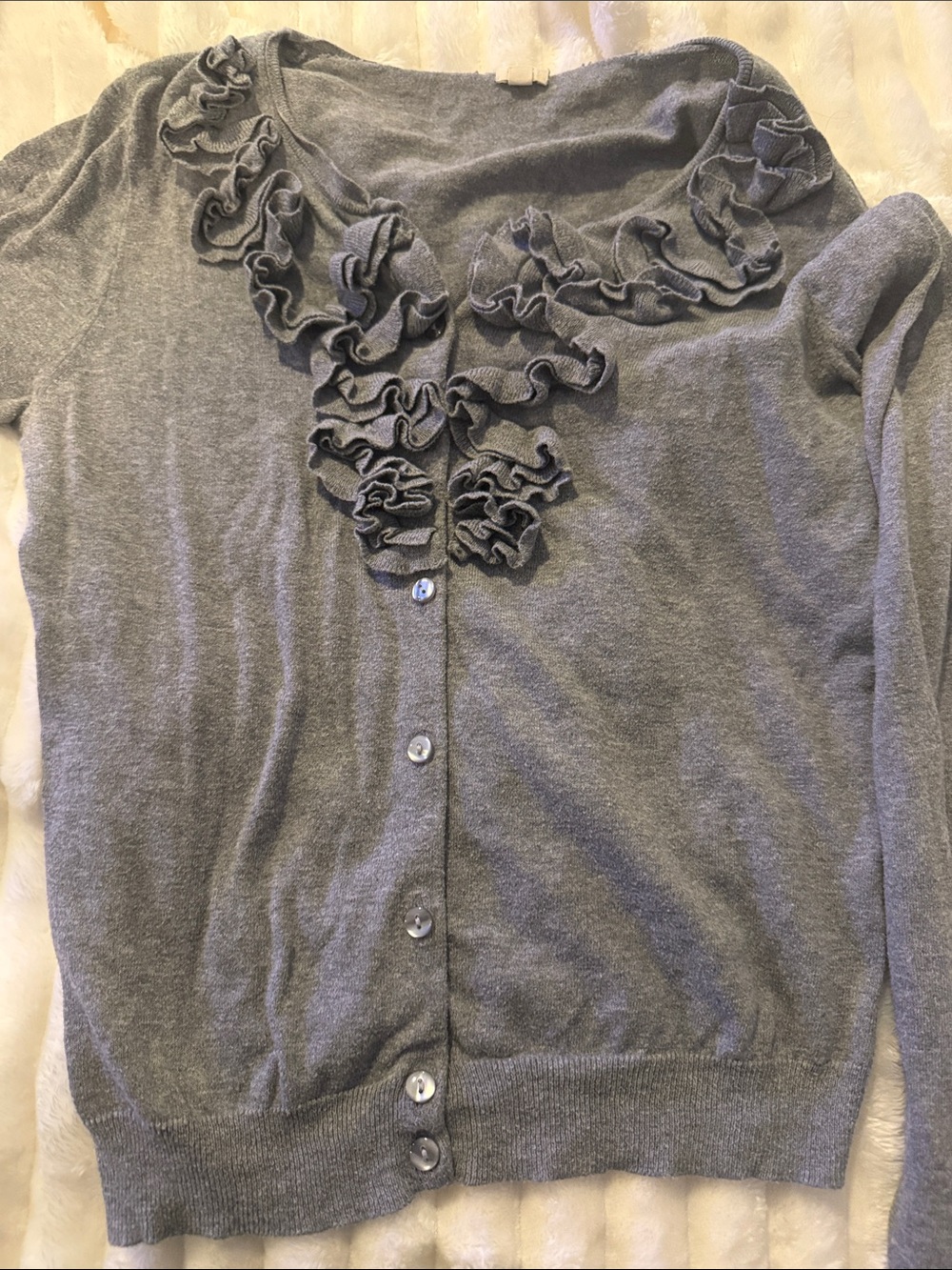 J. Crew Gray Ruffle-Detail Button-Front Cardigan